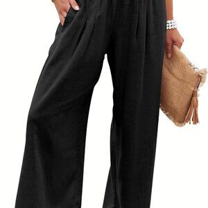 Women Linen Palazzo Pants Summer Boho Wide Leg High Waist Casual Lounge Pant 202